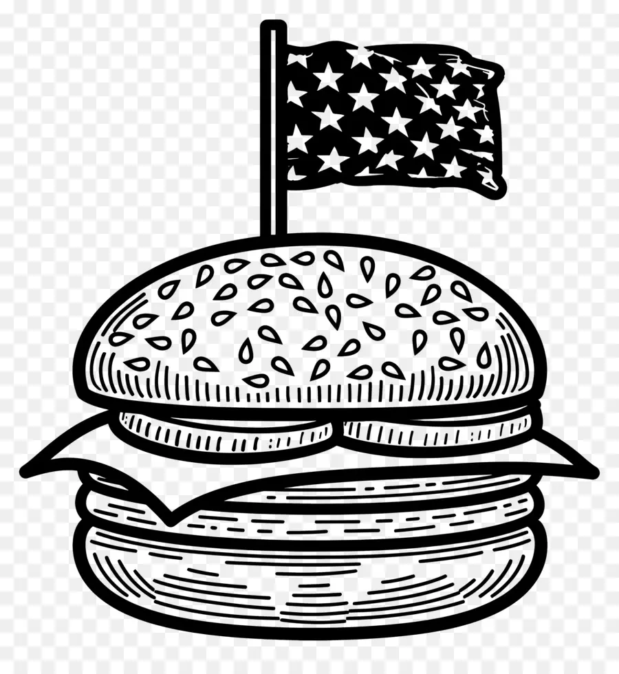 Garis Besar Burger，Burger Dengan Bendera PNG