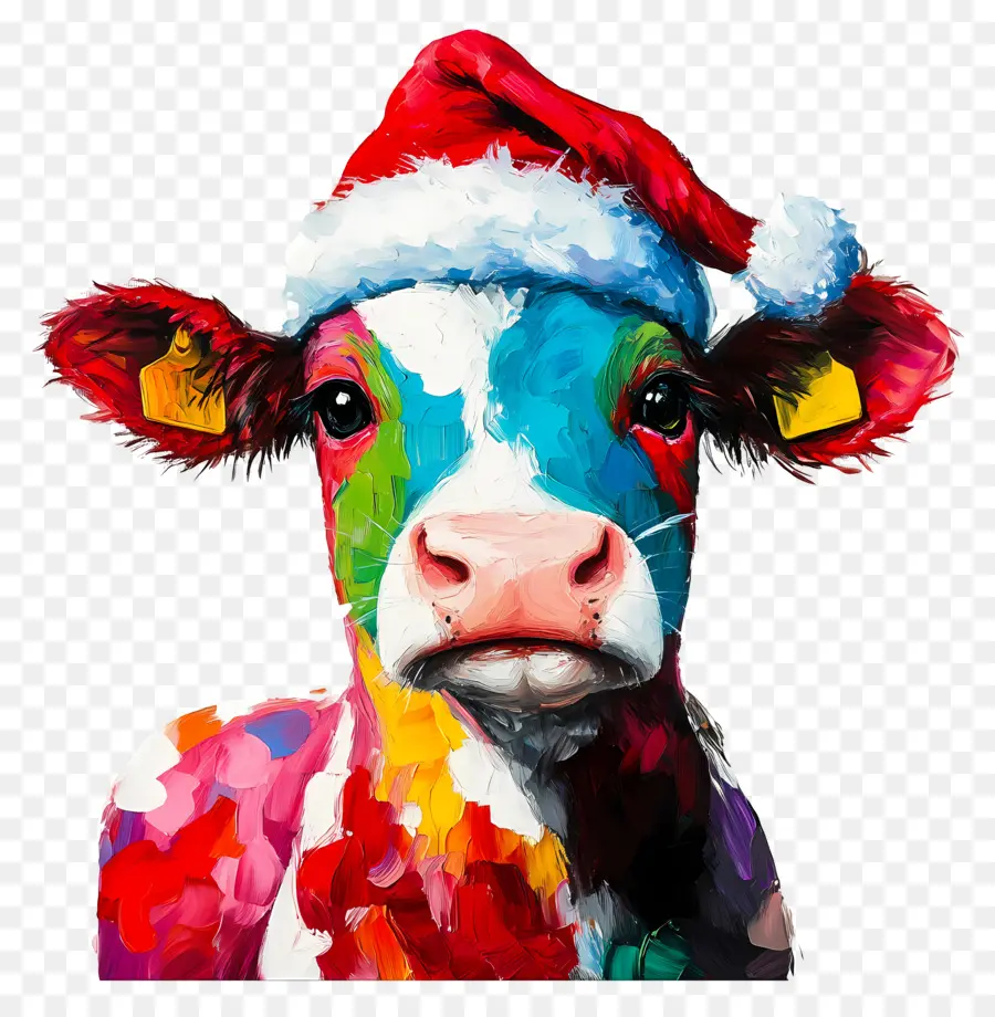 Sapi Natal，Sapi Berwarna Warni Dengan Topi Santa PNG