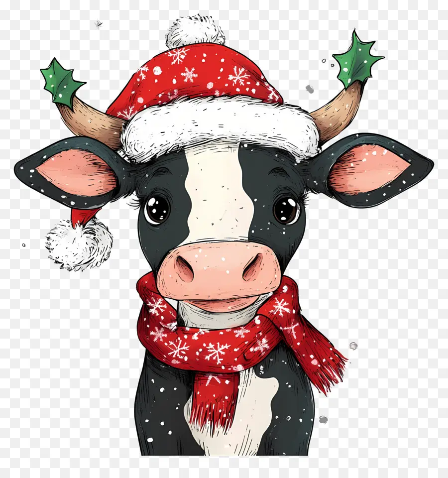 Sapi Natal，Sapi Dengan Santa Hat Dan Berries PNG