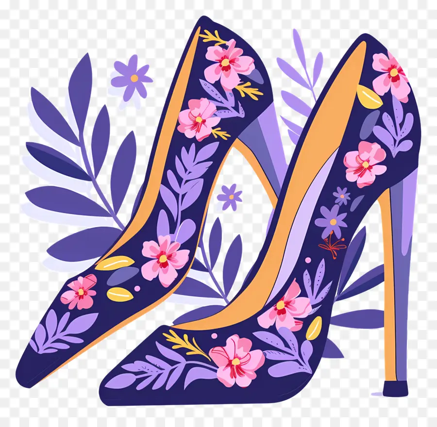 Sepatu Stiletto，Sepatu Hak Tinggi Bermotif Bunga PNG