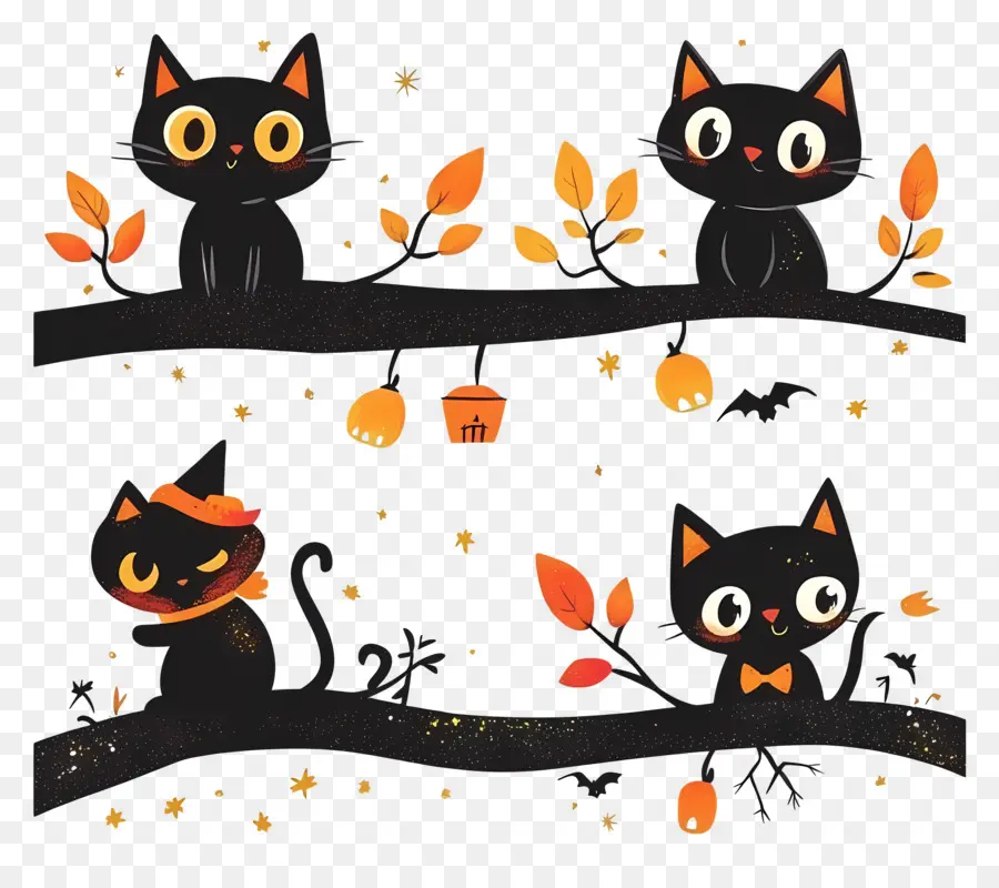 Templat Spanduk Halloween，Kucing Hitam Di Cabang PNG