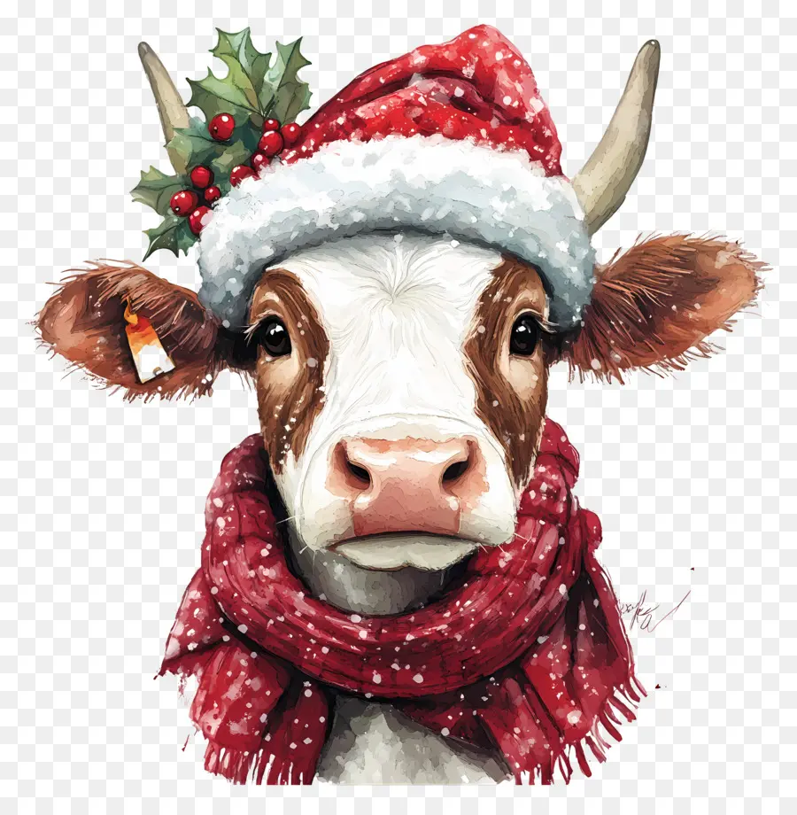 Sapi Natal，Sapi Dengan Santa Hat Dan Berries PNG