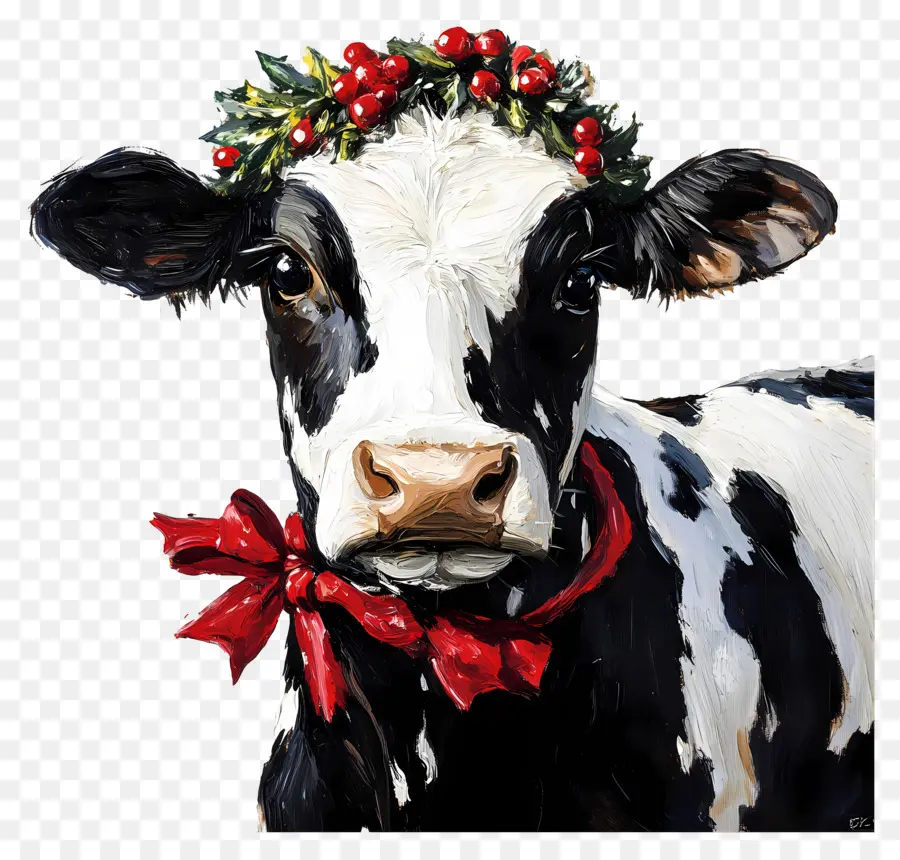 Sapi Natal，Sapi Dengan Holly Dan Bow PNG