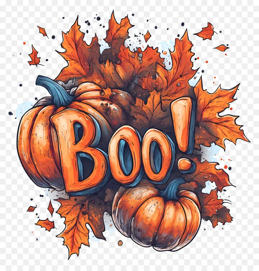 Halloween Boo，Labu Dan Daun PNG