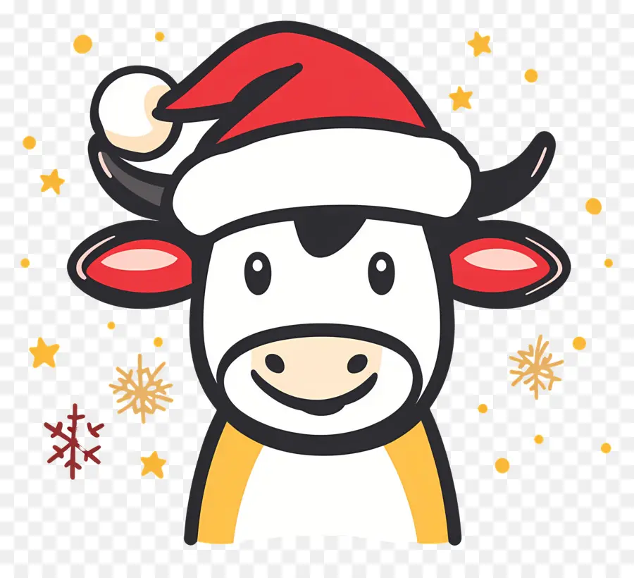 Sapi Natal，Sapi Dengan Santa Hat Dan Kepingan Salju PNG