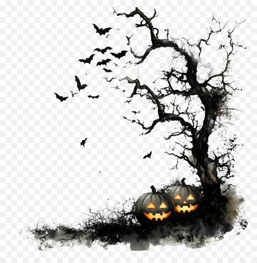 Malam Halloween，Pohon Berhantu Dan Labu PNG