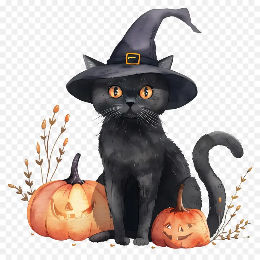 Kucing Halloween Yang Lucu，Kucing Hitam Dengan Labu PNG