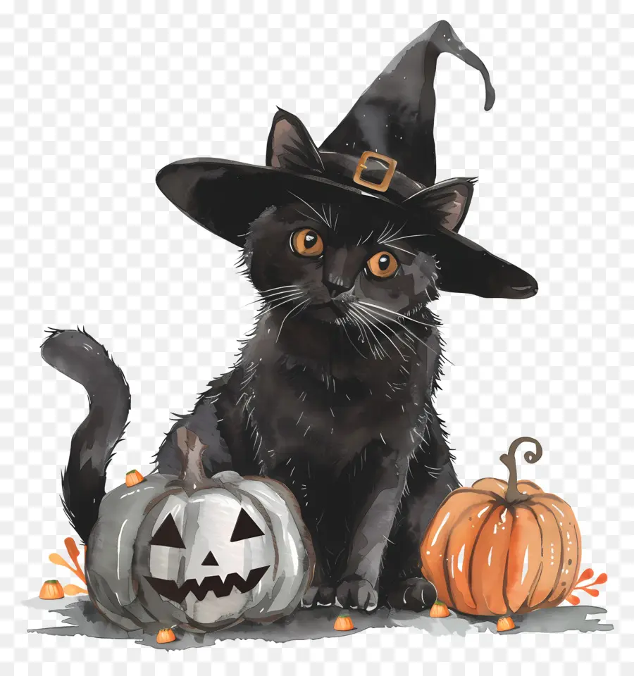 Kucing Halloween Yang Lucu，Kucing Hitam Dengan Labu PNG