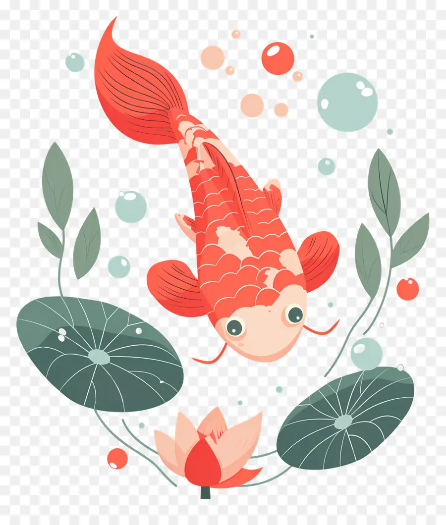 Ikan Koi，Ikan Koi Merah Dengan Bunga Lili PNG