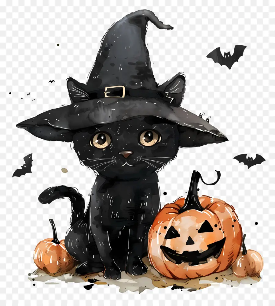 Kucing Halloween Yang Lucu，Kucing Hitam Dengan Labu PNG