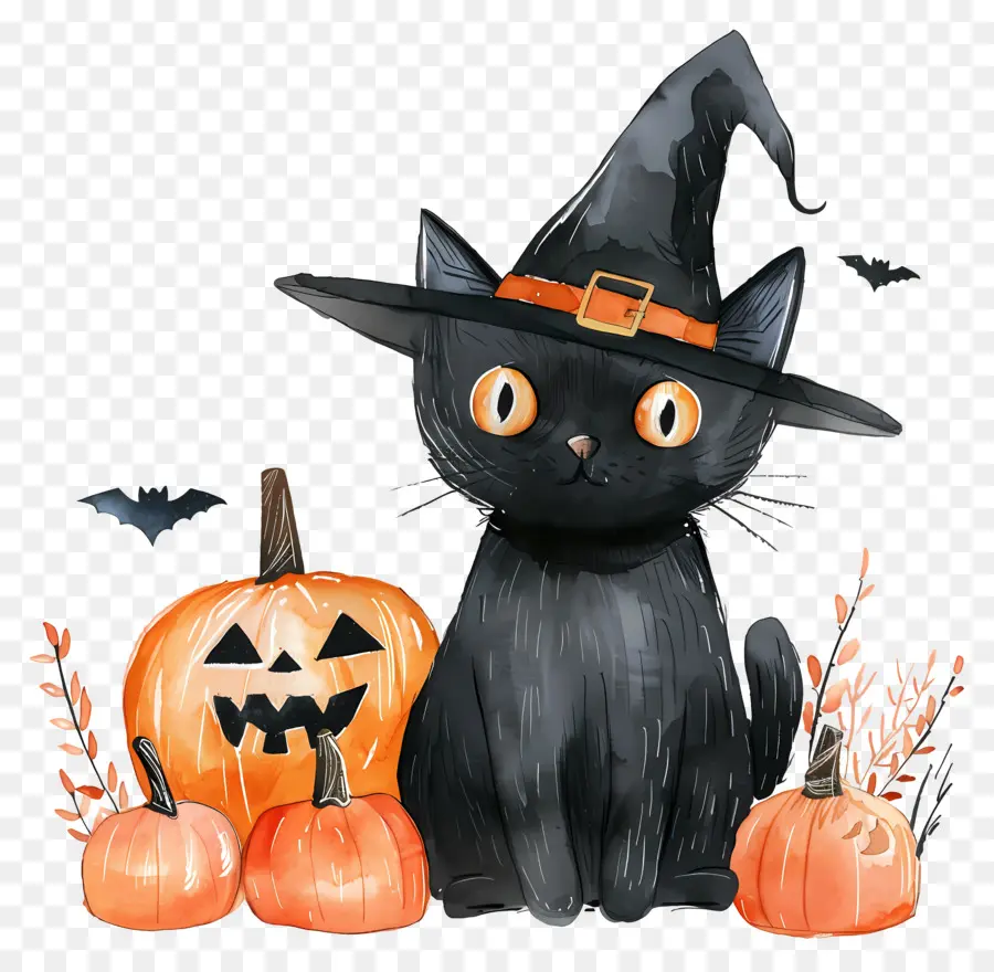 Kucing Halloween Yang Lucu，Kucing Hitam Dengan Labu PNG