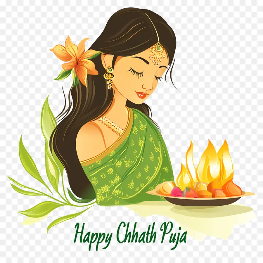 Selamat Chhath Puja，Wanita Dengan Diya Dan Buah Buahan PNG