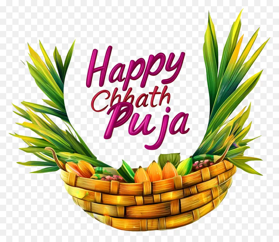 Selamat Chhath Puja，Keranjang Dengan Buah Buahan Dan Daun PNG