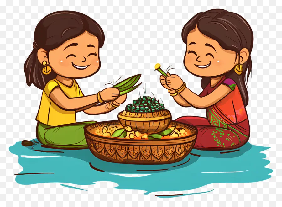 Selamat Chhath Puja，Dua Gadis Dengan Persembahan PNG