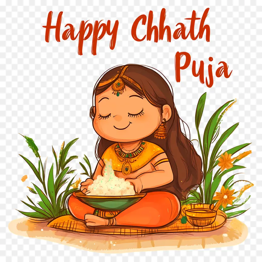 Selamat Chhath Puja，Wanita Dengan Persembahan Makanan PNG