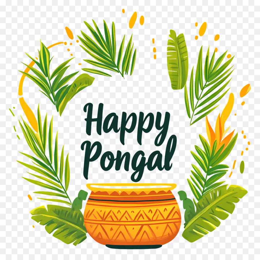 Selamat Pongal，Pot Dan Daun Dekoratif PNG