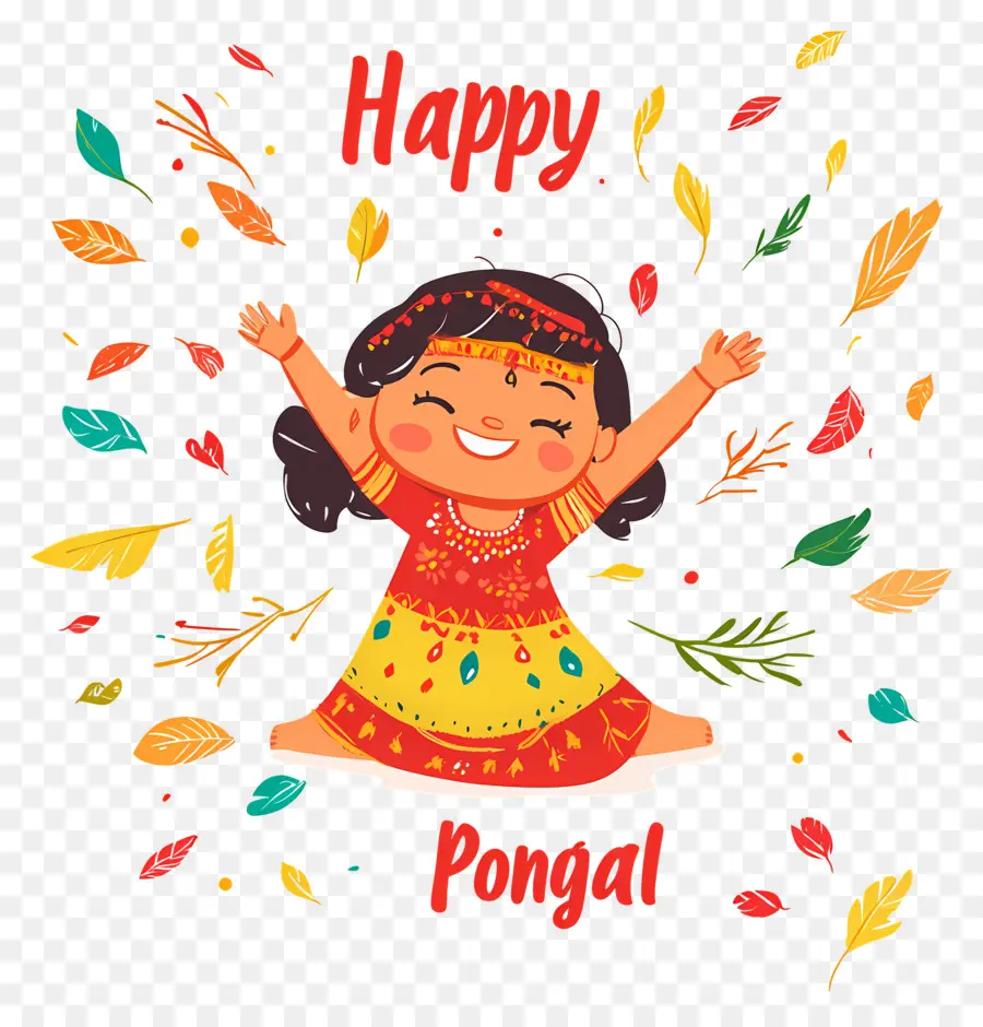 Selamat Pongal，Gadis Bahagia Dengan Daun PNG