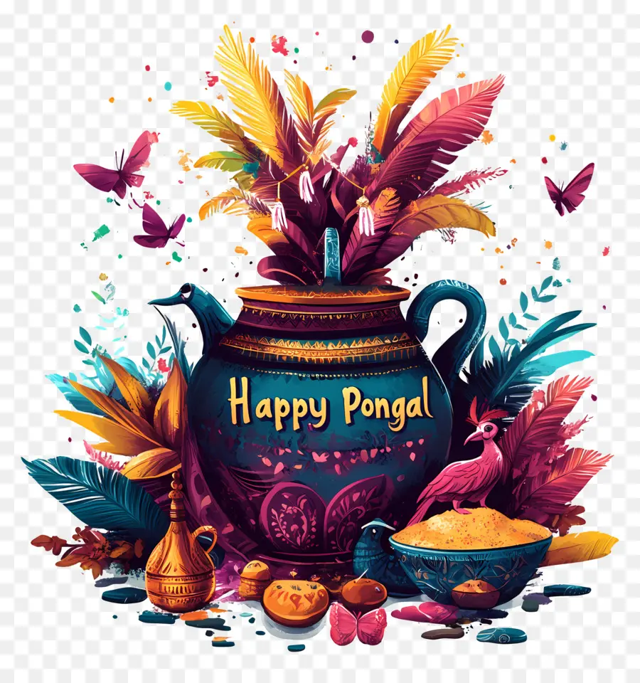 Selamat Pongal，Pot Dekoratif Dengan Bulu PNG