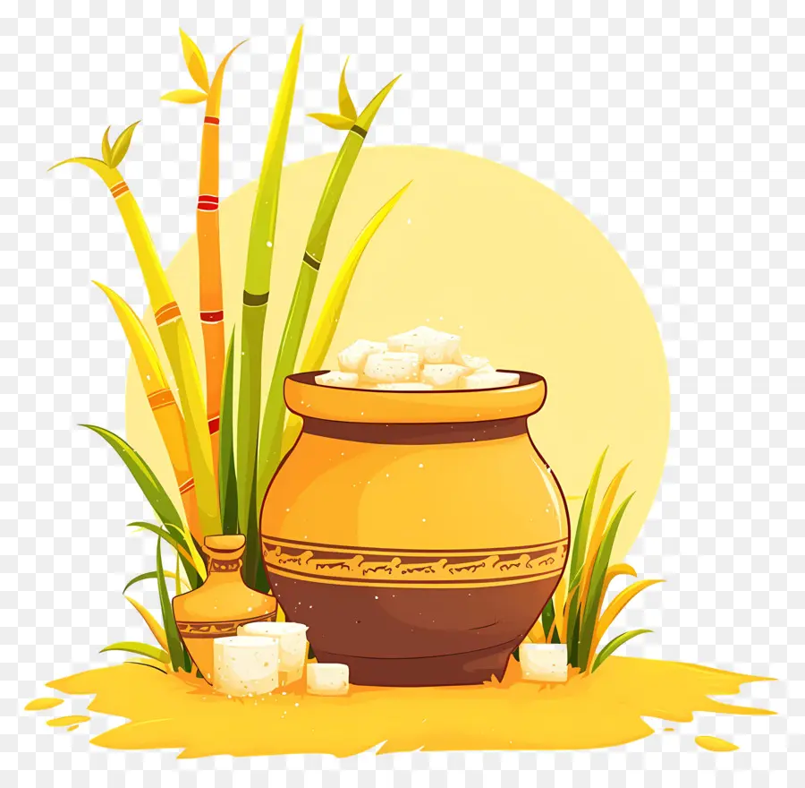 Panci Pongal，Pot Dengan Tebu PNG