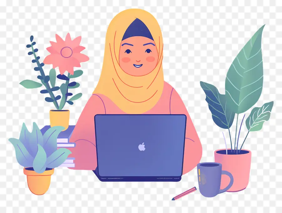 Wanita Muslim，Wanita Dengan Laptop PNG