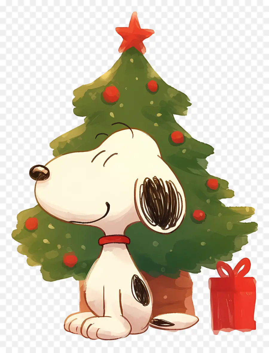 Snoopy，Anjing Kartun Dengan Pohon Natal PNG