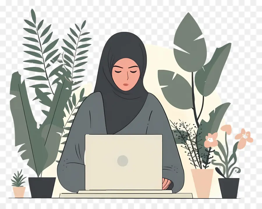 Wanita Muslim，Wanita Dengan Laptop PNG