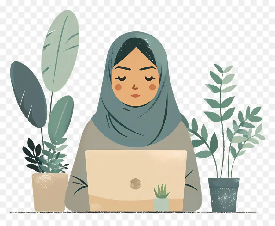 Wanita Muslim，Wanita Dengan Laptop PNG