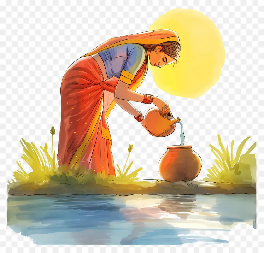 Chhath Puja，Wanita Menuangkan Air PNG