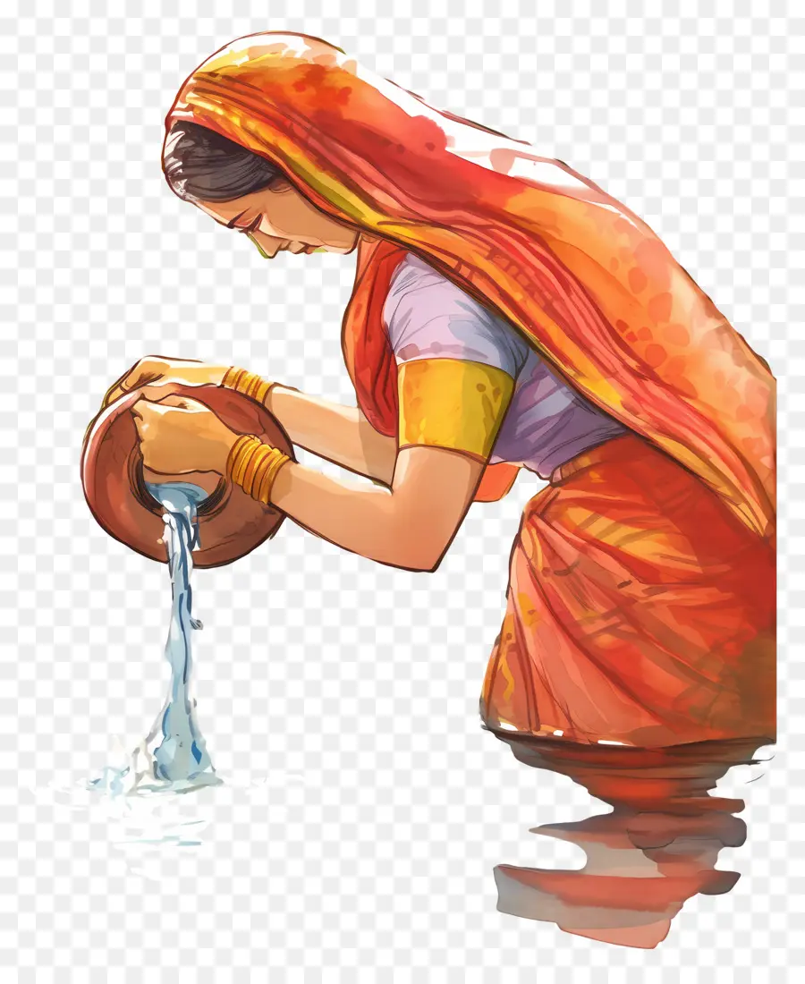 Chhath Puja，Wanita Menuangkan Air PNG