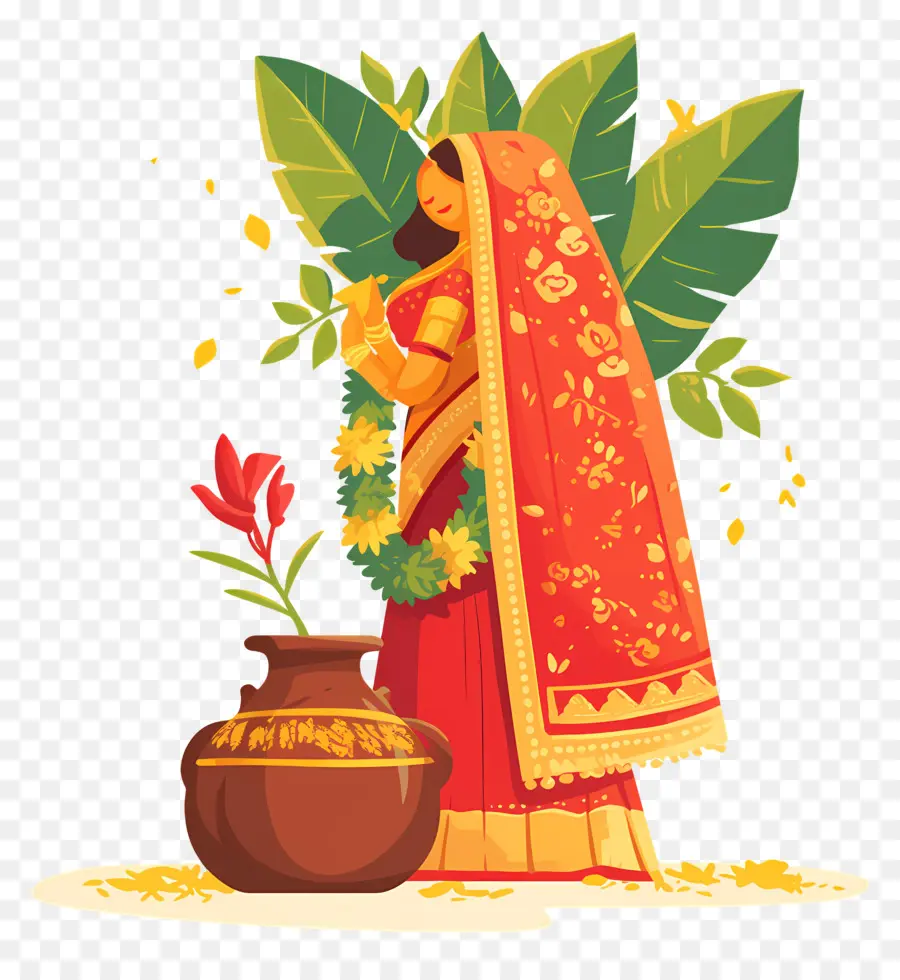 Wanita India，Wanita Tradisional Dengan Garland PNG