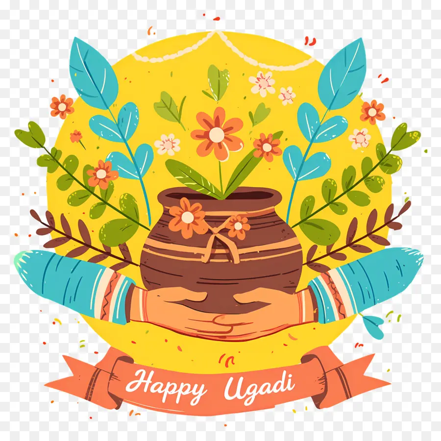 Selamat Ugadi，Pot Hias Dengan Bunga PNG