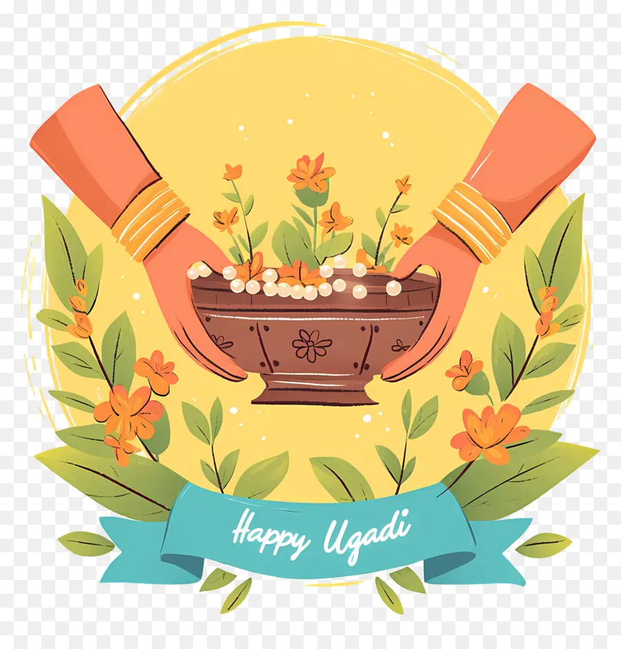 Selamat Ugadi，Pot Hias Dengan Bunga PNG