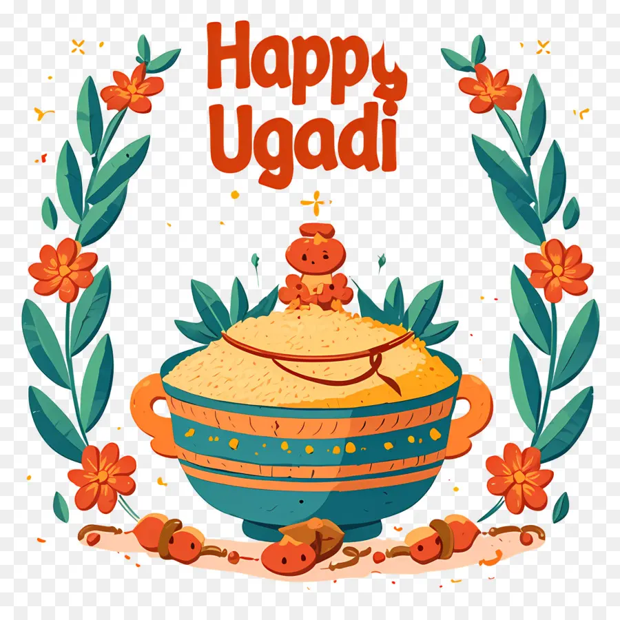 Selamat Ugadi，Pot Dekoratif Dengan Desain Bunga PNG