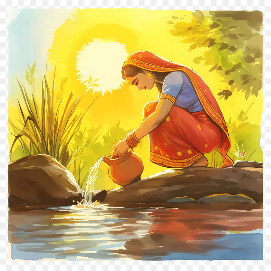 Chhath Puja，Wanita Di Dekat Air PNG