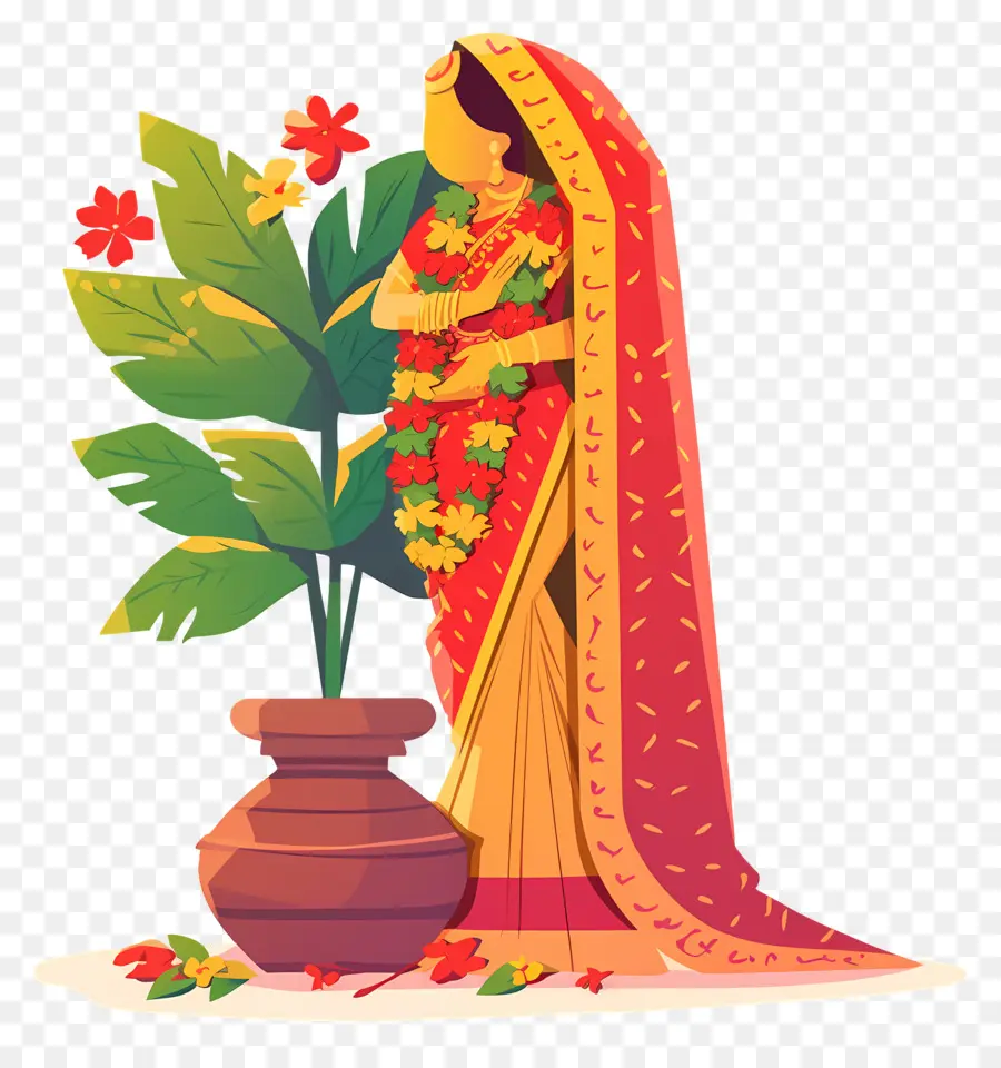 Wanita India，Wanita Tradisional Dengan Garland PNG