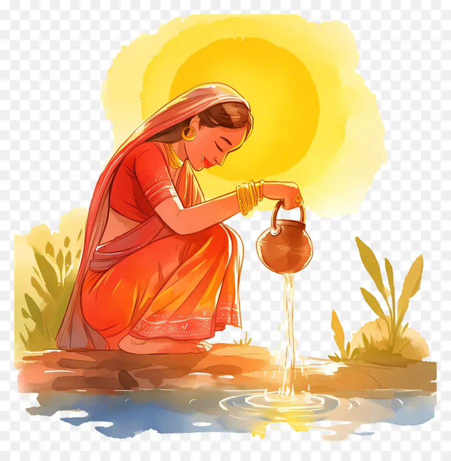 Chhath Puja，Wanita Menuangkan Air PNG