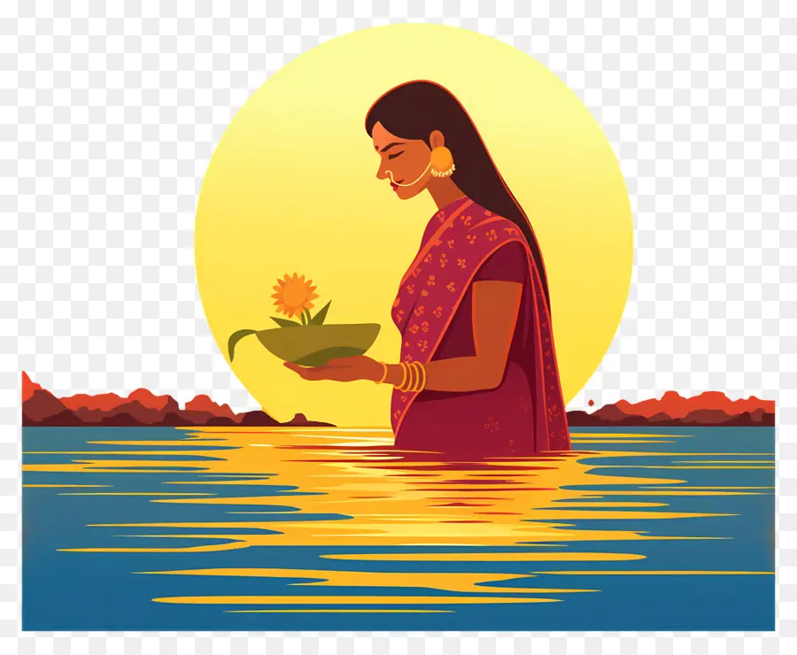 Chhath Puja，Wanita Dengan Persembahan Di Dalam Air PNG