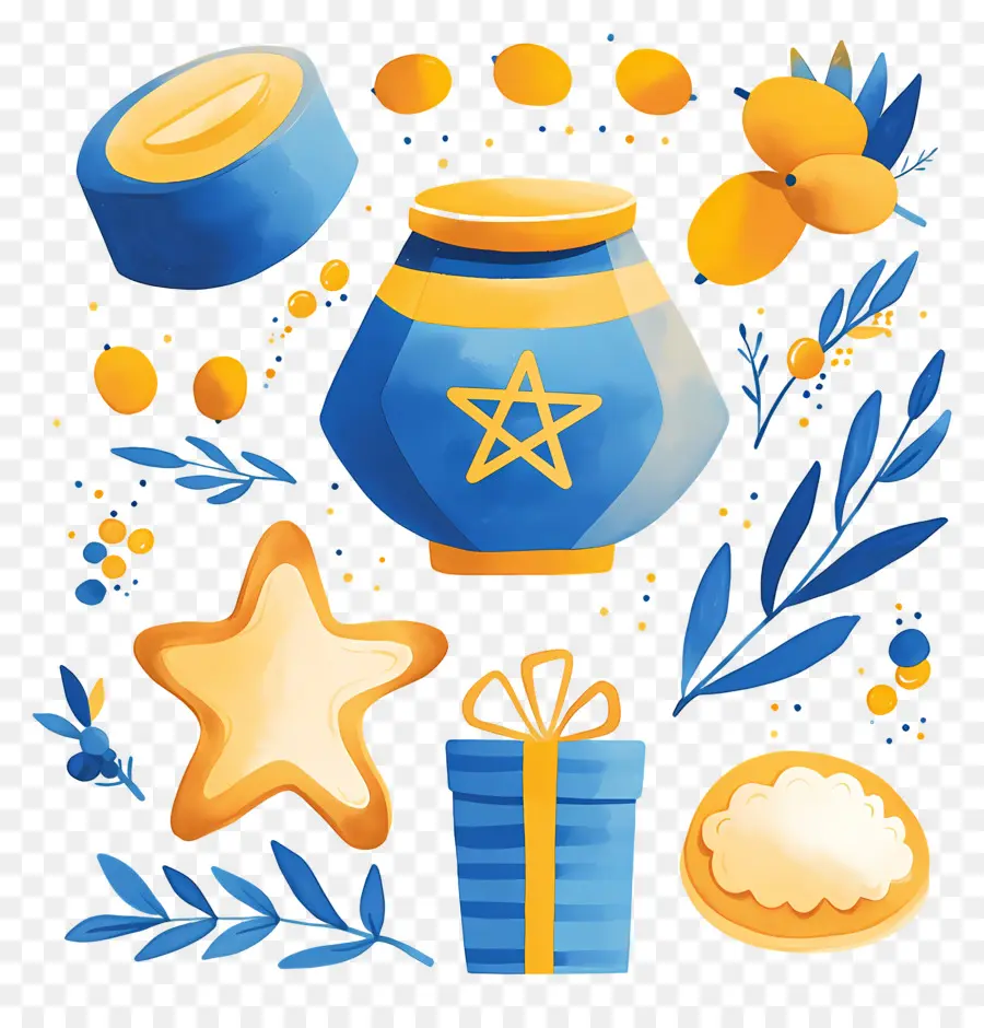 Dekorasi Hanukkah，Set Hanukkah Biru Dan Kuning PNG