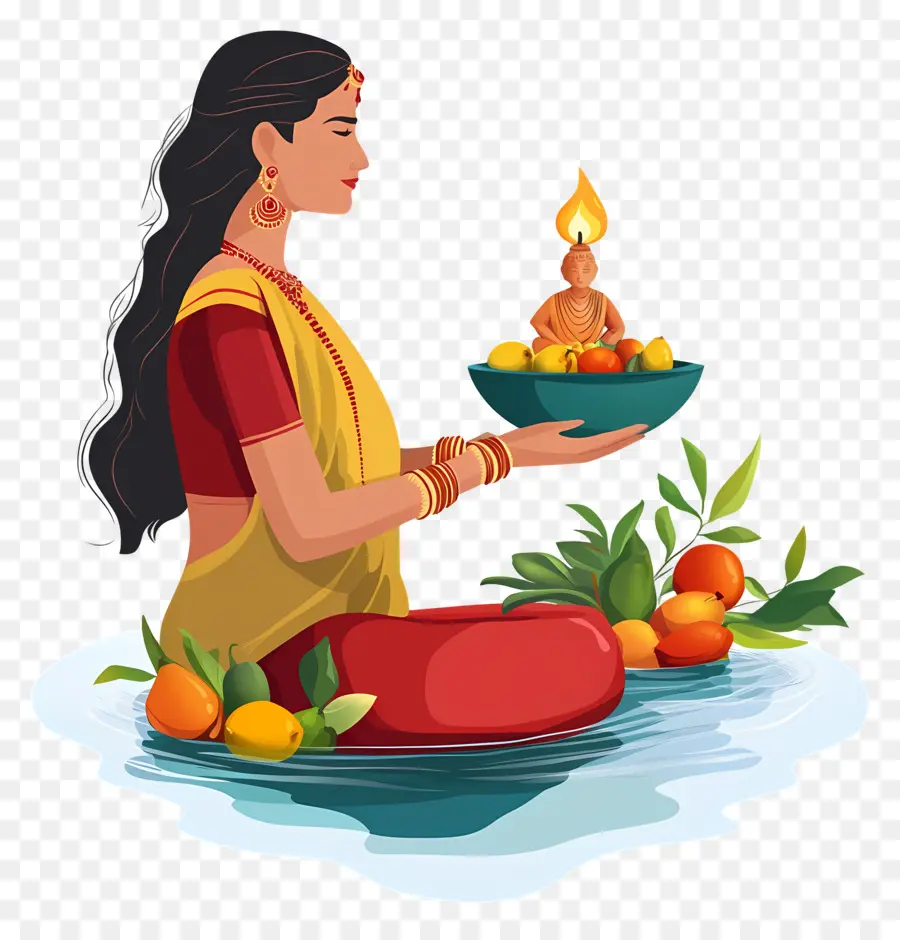 Chhath Puja，Wanita Dengan Lampu Dan Buah Buahan PNG