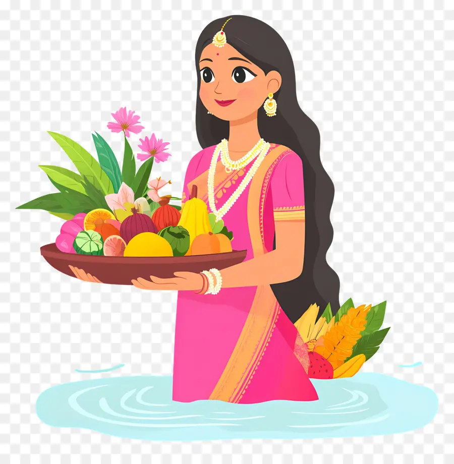 Chhath Puja，Wanita Berpakaian Tradisional Dengan Persembahan PNG