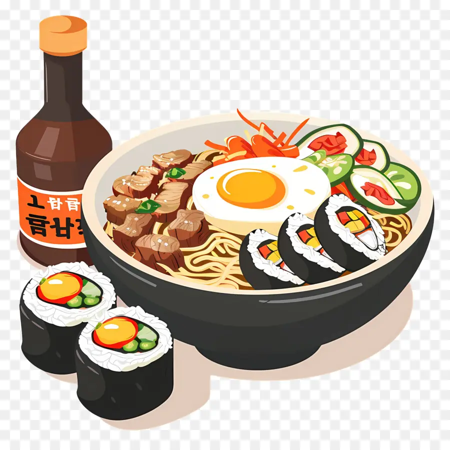 Makanan Korea，Mangkuk Mie Dengan Sushi PNG