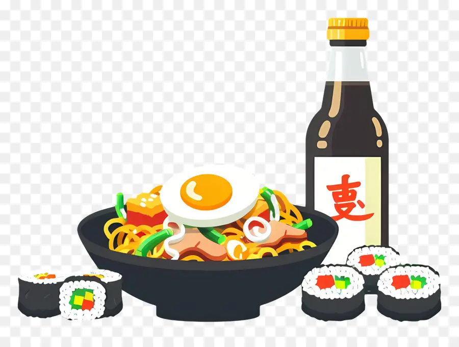 Makanan Korea，Mangkuk Mie Dengan Sushi PNG