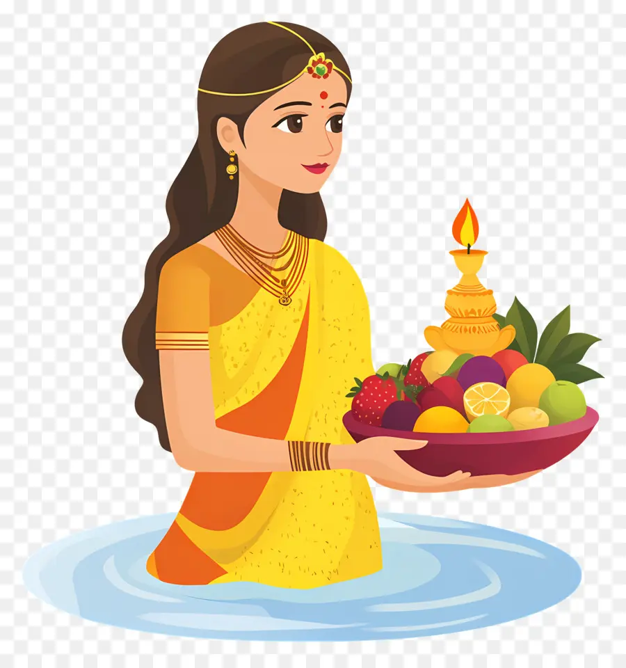 Chhath Puja，Wanita Dengan Lampu Dan Buah Buahan PNG