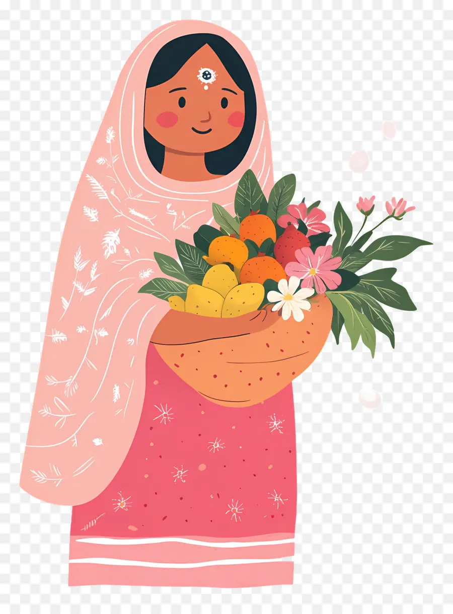 Chhath Puja，Wanita Dengan Buah Buahan Dan Bunga PNG