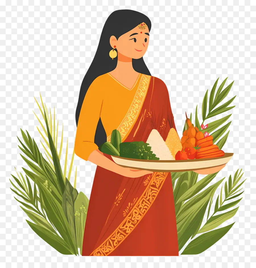 Chhath Puja，Wanita Dengan Piring Makanan PNG