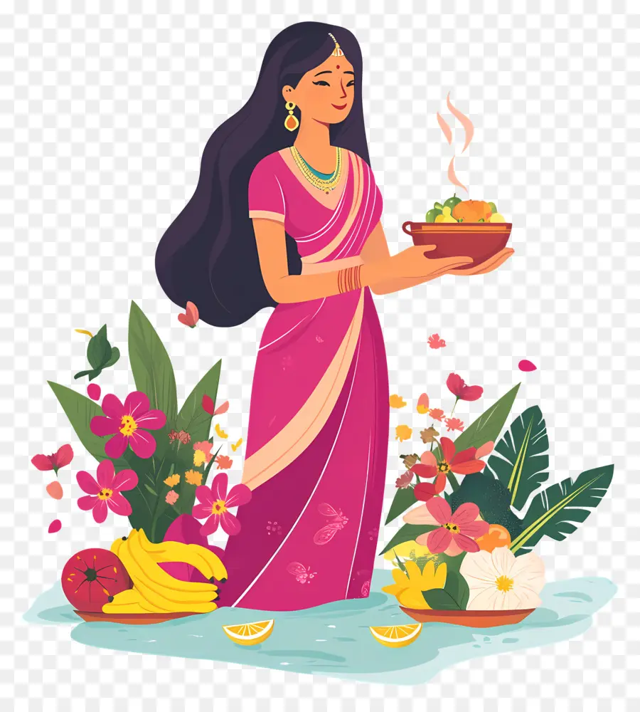 Chhath Puja，Wanita Dengan Makanan Dan Bunga PNG