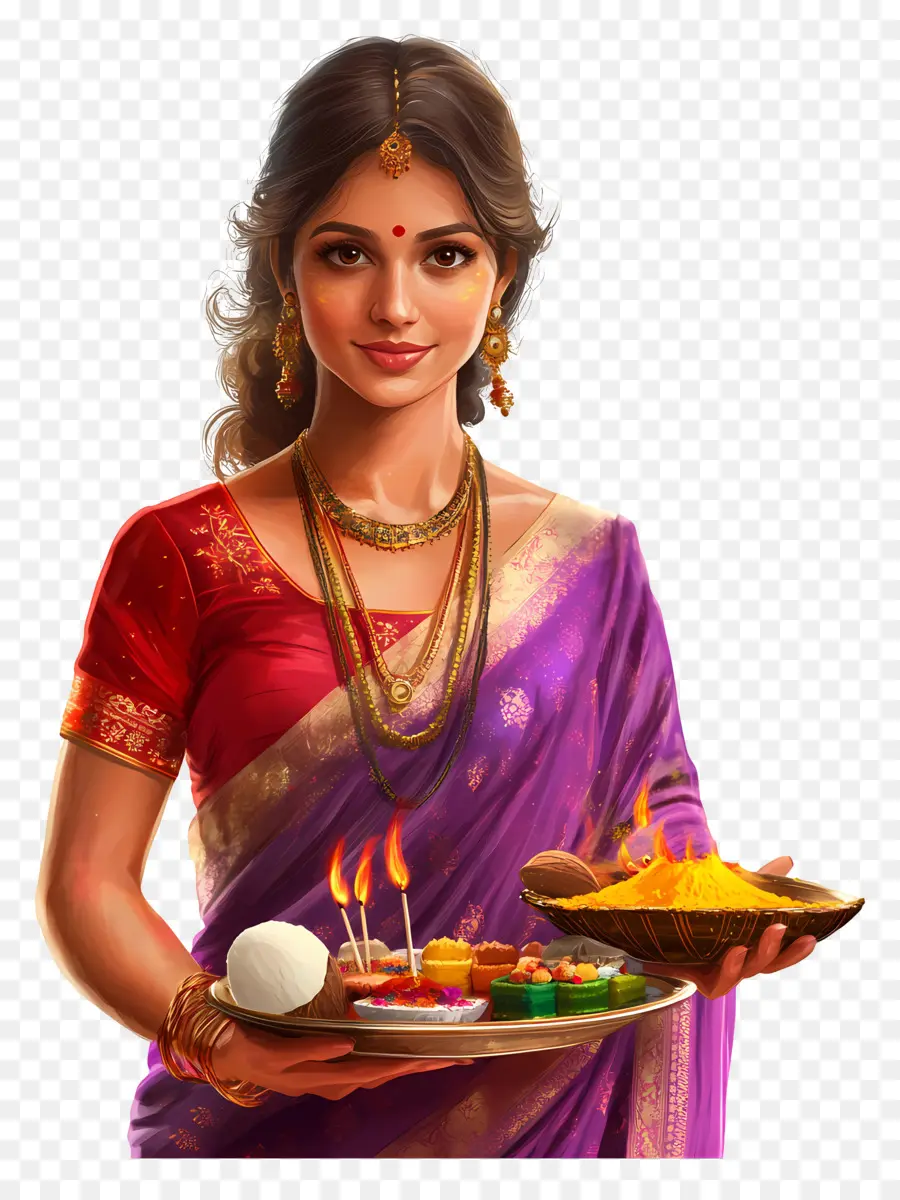 Chhath Puja，Wanita Dengan Saree Ungu PNG