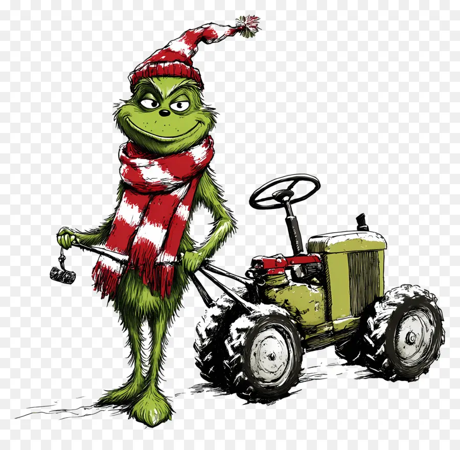 Grinch Natal，Makhluk Hijau Dengan Traktor Kuning PNG