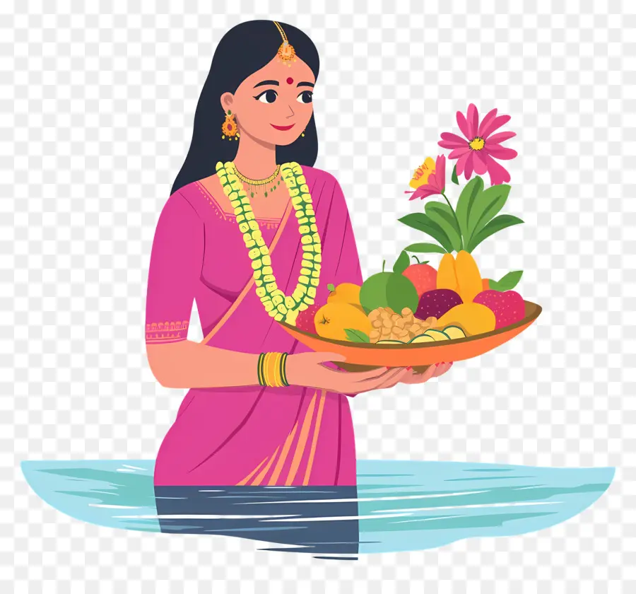 Chhath Puja，Wanita Berpakaian Tradisional Dengan Persembahan PNG