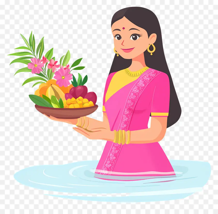 Chhath Puja，Wanita Berpakaian Tradisional Dengan Persembahan PNG